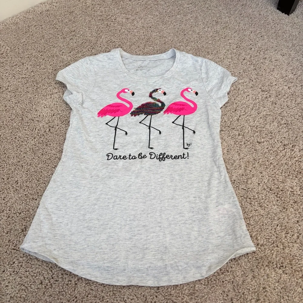 Justice “Dare to be Different” Hthr Gray Pink Flamingo Flip Sequin Tee Girls 8